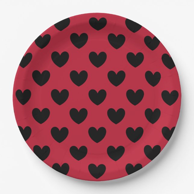 Black polka hearts on red paper plates (Front)