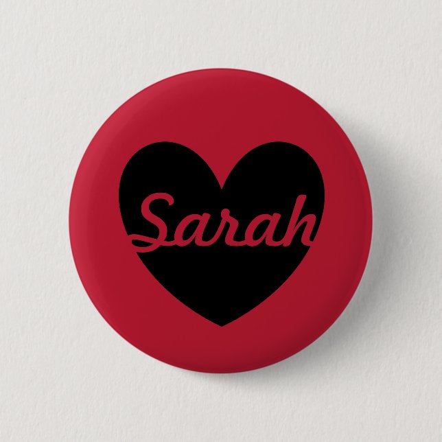 Black polka hearts on red pinback button (Front)