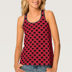 Black polka hearts on red tank top