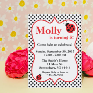 Black Polkadot Ladybug Birthday Party Invitation