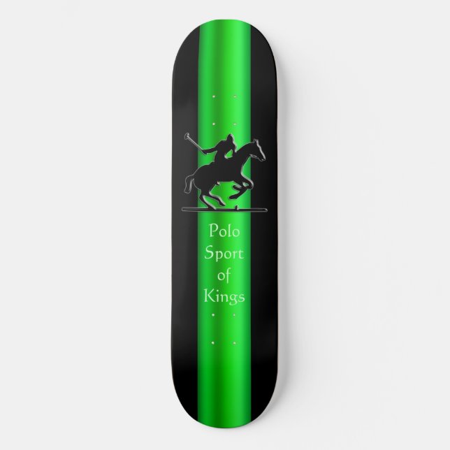 Black Polo Pony and Rider, green chrome-look strip Skateboard Deck (Front)