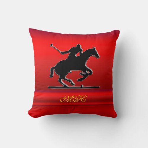 Black Polo Pony and Rider on red chrome_look Throw Pillow