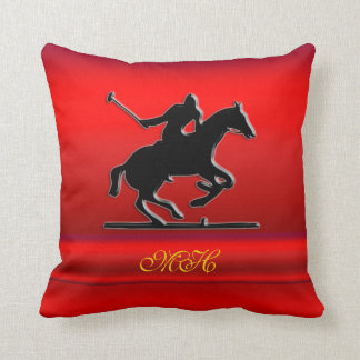 Black Polo Pony and Rider on red chrome-look Throw Pillow