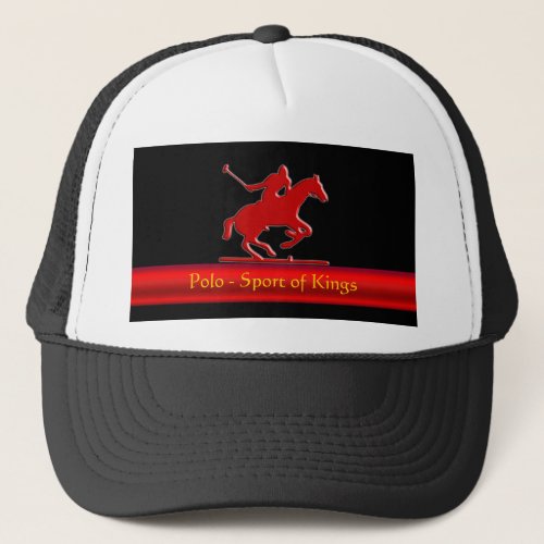 Black Polo Pony and Rider on red chrome_look Trucker Hat