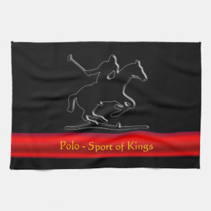 Black Polo Pony and Rider, red chrome-look stripe Kitchen Towel