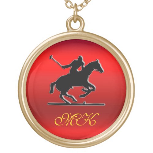 Black Polo Pony Rider Monogram red chrome_look Gold Plated Necklace