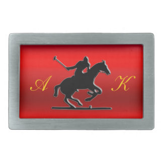 Black Polo Pony, Rider, Monogram, red chrome-look Rectangular Belt Buckle