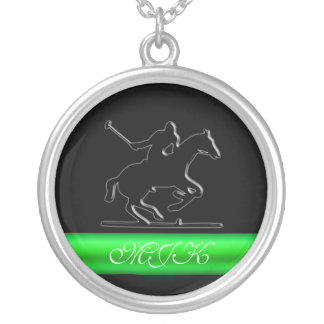 Black Polo Rider, Monogram, green chrome-look Silver Plated Necklace