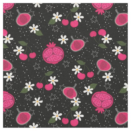 black pomegranate fruit cherry floral daisy fabric