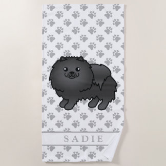 Black Pomeranian Cute Cartoon Dog &amp; Name Beach Towel