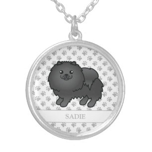 Black Pomeranian Cute Cartoon Dog & Name Silver Plated Necklace