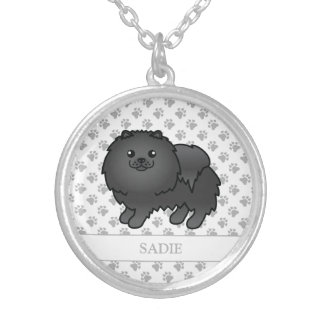 Black Pomeranian Cute Cartoon Dog &amp; Name Silver Plated Necklace