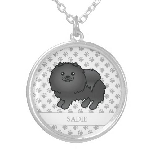 Black Pomeranian Cute Cartoon Dog  Name Silver Plated Necklace