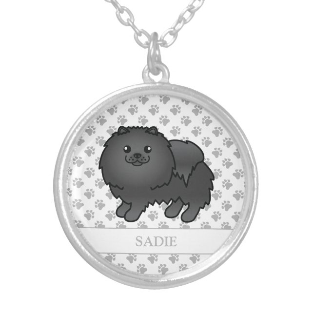Black Pomeranian Cute Cartoon Dog & Name Silver Plated Necklace (Front)