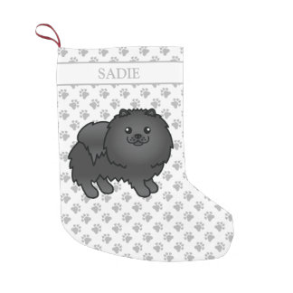 Black Pomeranian Cute Cartoon Dog &amp; Name Small Christmas Stocking