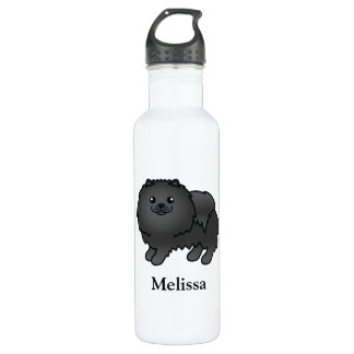 Black Pomeranian Cute Cartoon Dog &amp; Name Stainless Steel Water Bottle