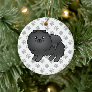 Black Pomeranian Cute Cartoon Dog &amp; Paws Ceramic Ornament