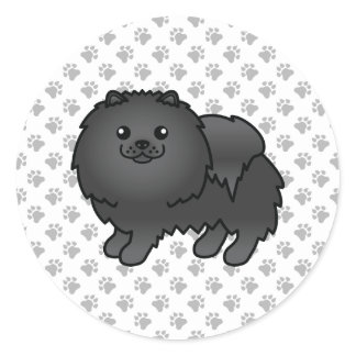 Black Pomeranian Cute Cartoon Dog &amp; Paws Classic Round Sticker