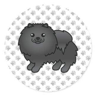 Black Pomeranian Cute Cartoon Dog &amp; Paws Classic Round Sticker