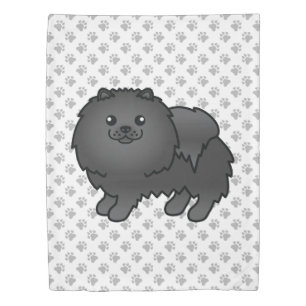 Black Pomeranian Cute Cartoon Dog & Paws Duvet Cover
