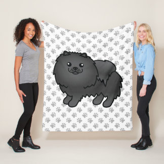 Black Pomeranian Cute Cartoon Dog &amp; Paws Fleece Blanket