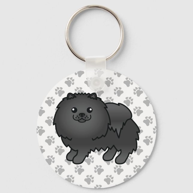 Black Pomeranian Cute Cartoon Dog & Paws Keychain (Front)