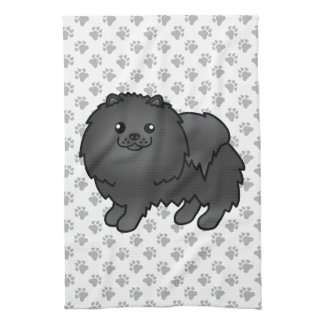 Black Pomeranian Cute Cartoon Dog &amp; Paws Kitchen Towel