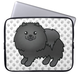 Black Pomeranian Cute Cartoon Dog & Paws Laptop Sleeve