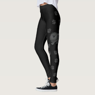 Black Pomeranian Cute Cartoon Dog &amp; Paws Leggings