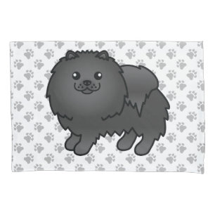 Black Pomeranian Cute Cartoon Dog & Paws Pillow Case