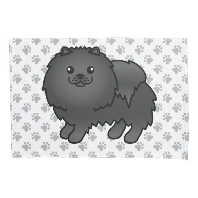 Black Pomeranian Cute Cartoon Dog & Paws Pillow Case (Front)