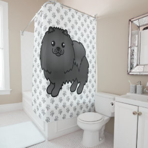 Black Pomeranian Cute Cartoon Dog & Paws Shower Curtain