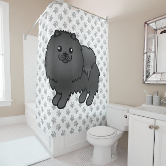 Black Pomeranian Cute Cartoon Dog &amp; Paws Shower Curtain