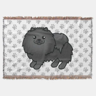 Black Pomeranian Cute Cartoon Dog & Paws Throw Blanket
