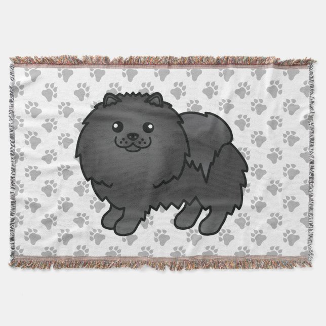 Black Pomeranian Cute Cartoon Dog & Paws Throw Blanket (Front)
