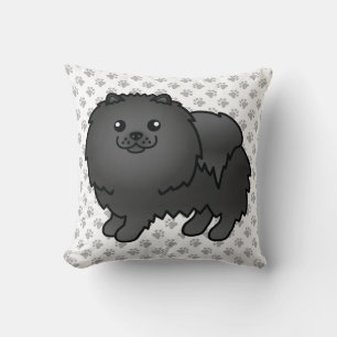 Black Pomeranian Cute Cartoon Dog & Paws Throw Pillow