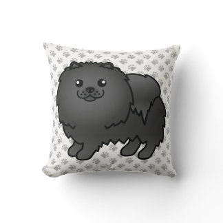 Black Pomeranian Cute Cartoon Dog &amp; Paws Throw Pillow