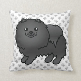 Black Pomeranian Cute Cartoon Dog &amp; Paws Throw Pillow