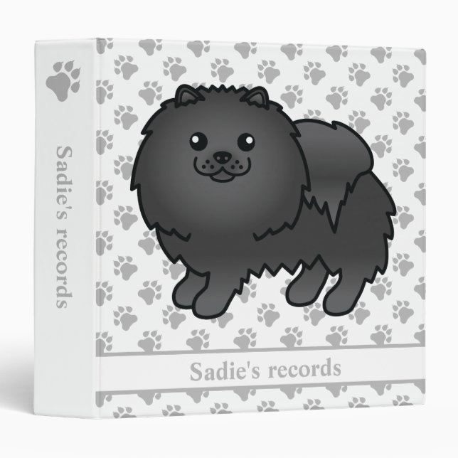 Black Pomeranian Cute Cartoon Dog & Text 3 Ring Binder (Front/Spine)