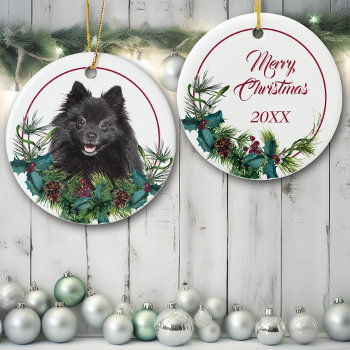 Black Pomeranian Dog Evergreen Berry Wreath Ceramic Ornament by DogVillage at Zazzle