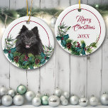 Black Pomeranian Dog Evergreen Berry Wreath Ceramic Ornament at Zazzle