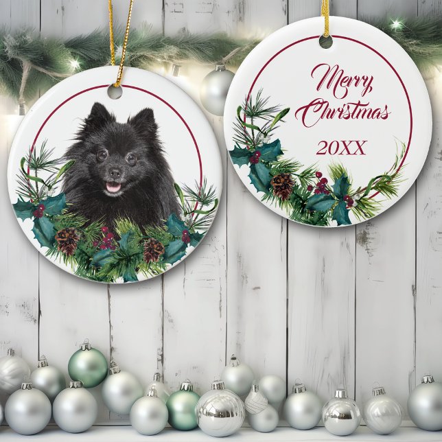 Black Pomeranian Dog Evergreen Berry Wreath Ceramic Ornament (Creator Uploaded)