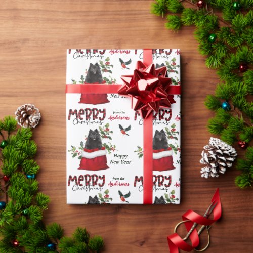 Black Pomeranian Dog in Christmas Gift Bag Wrapping Paper