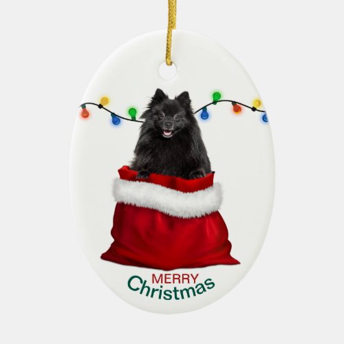 Black Pomeranian Dog in Gift Bag Christmas Ceramic Ornament