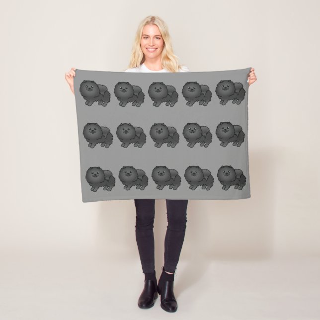 Black Pomeranian Dogs Pattern On Grey Fleece Blanket (In Situ)