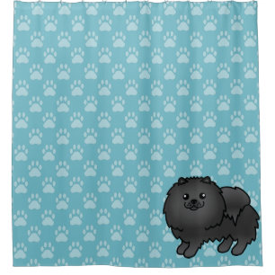 Black Pomeranian On Blue And Dog Paws Shower Curtain