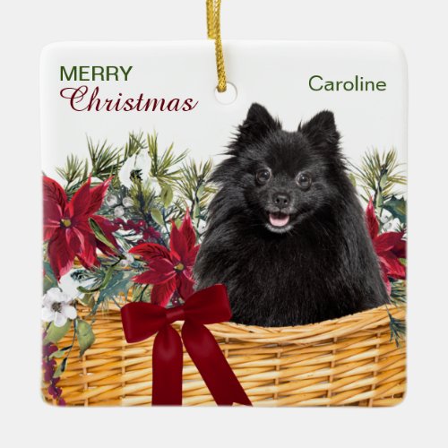 Black Pomeranian Poinsettia Christmas Basket Ceramic Ornament