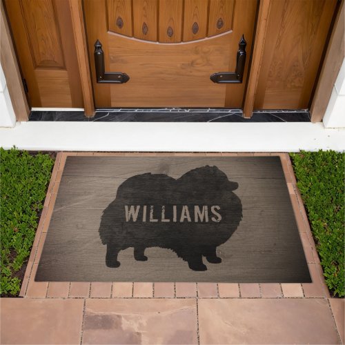 Black Pomeranian Silhouette Faux Rustic Wood Doormat