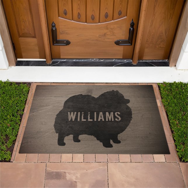 Black Pomeranian Silhouette Faux Rustic Wood Doormat (Outdoor)
