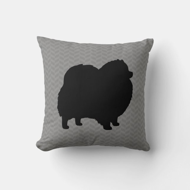 Black Pomeranian Silhouette | Grey Herringbone Throw Pillow (Front)